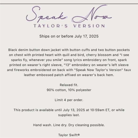 New Taylor Swift Speak Now Taylor's Version Firework Jacket Black Denim Jacket M - Picture 12 of 12